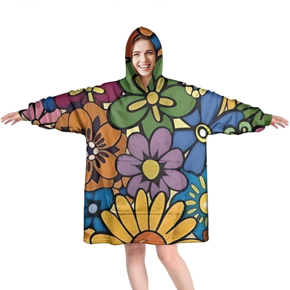 Wearable Oversized Blanket,Pioneer Flower Floral Print Pattern Wearable Blanket Hoodie for Adults,Cozy Hooded Blankets with Super Pockets,Super Warm Fuzzy Pullover for Women & Men