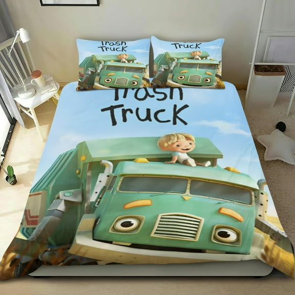 Trash Truck Themed Bed Sheet Set Three Piece Set 53x79 In ches Comfortable And Skin Friendly Unique Design Creating A Star Studded Night Home Decor Gifts For Family Friends fans