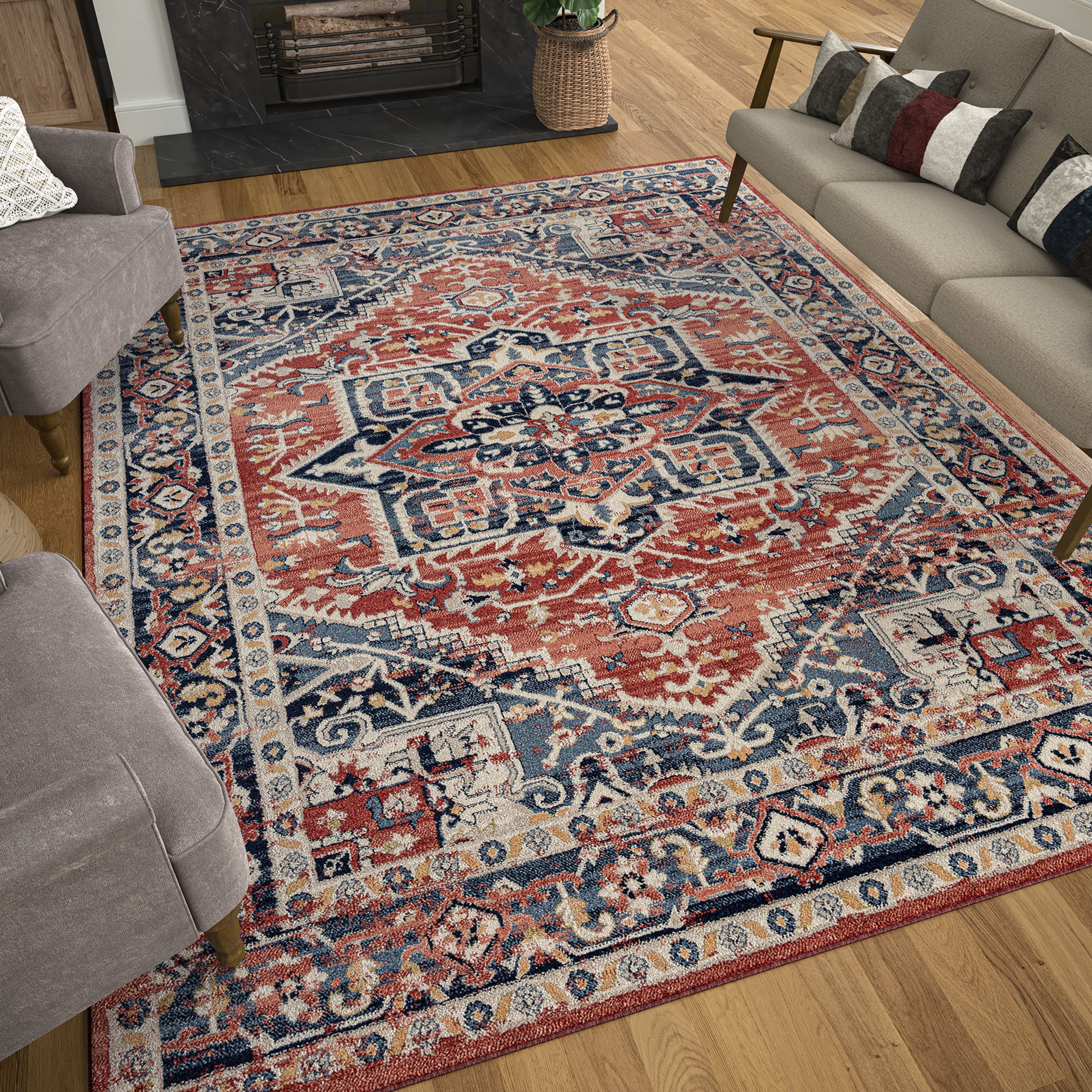 Traditional 8x10 Area Rug (7'11'' x 10'3'') Oriental Navy, Navy Living Room Easy to Clean