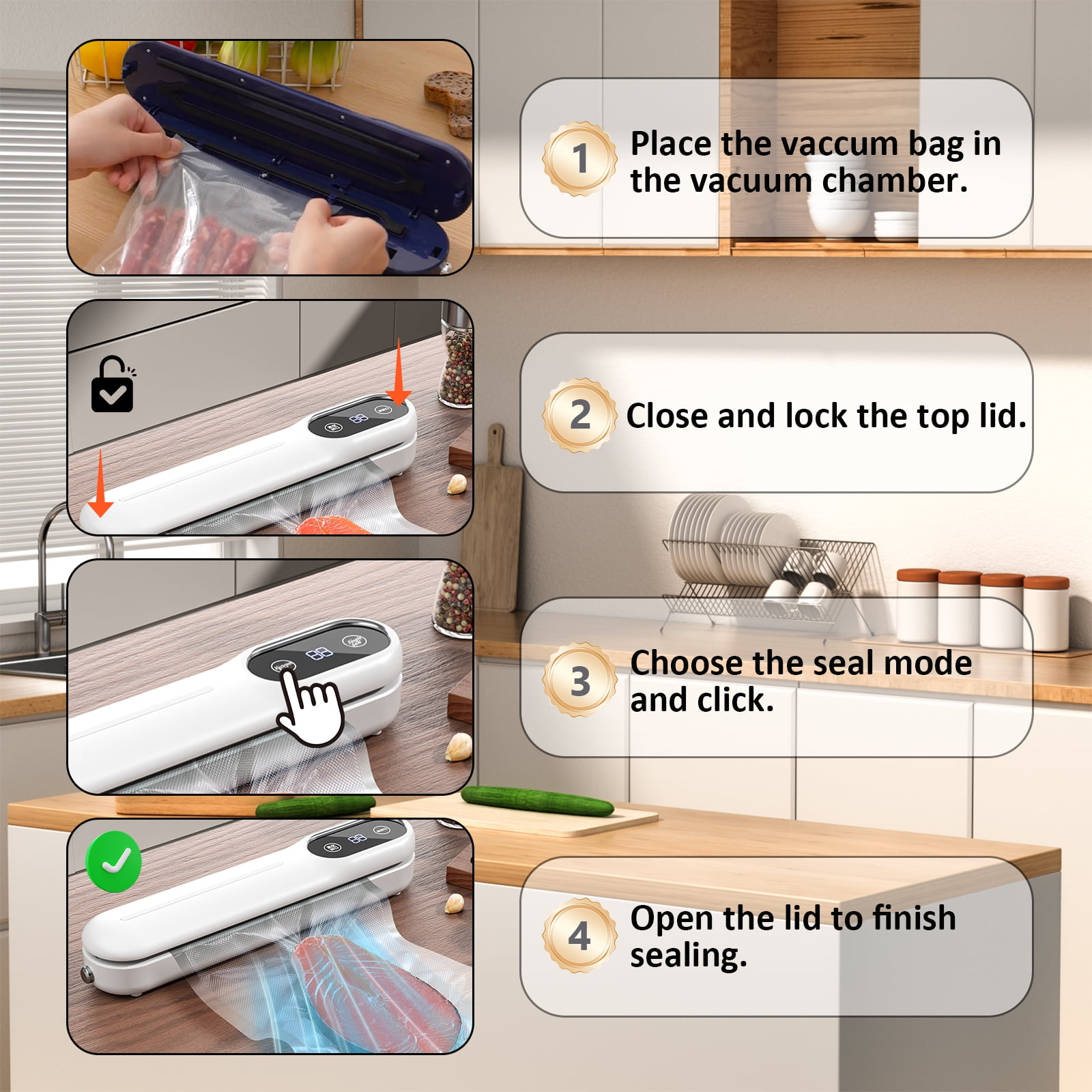RONY Vacuum Sealing Machine with 10 Bags, 62Kpa Powerful Vacuum Sealer for Food, One-click Sealing Machine with Dry Moist Food Mode