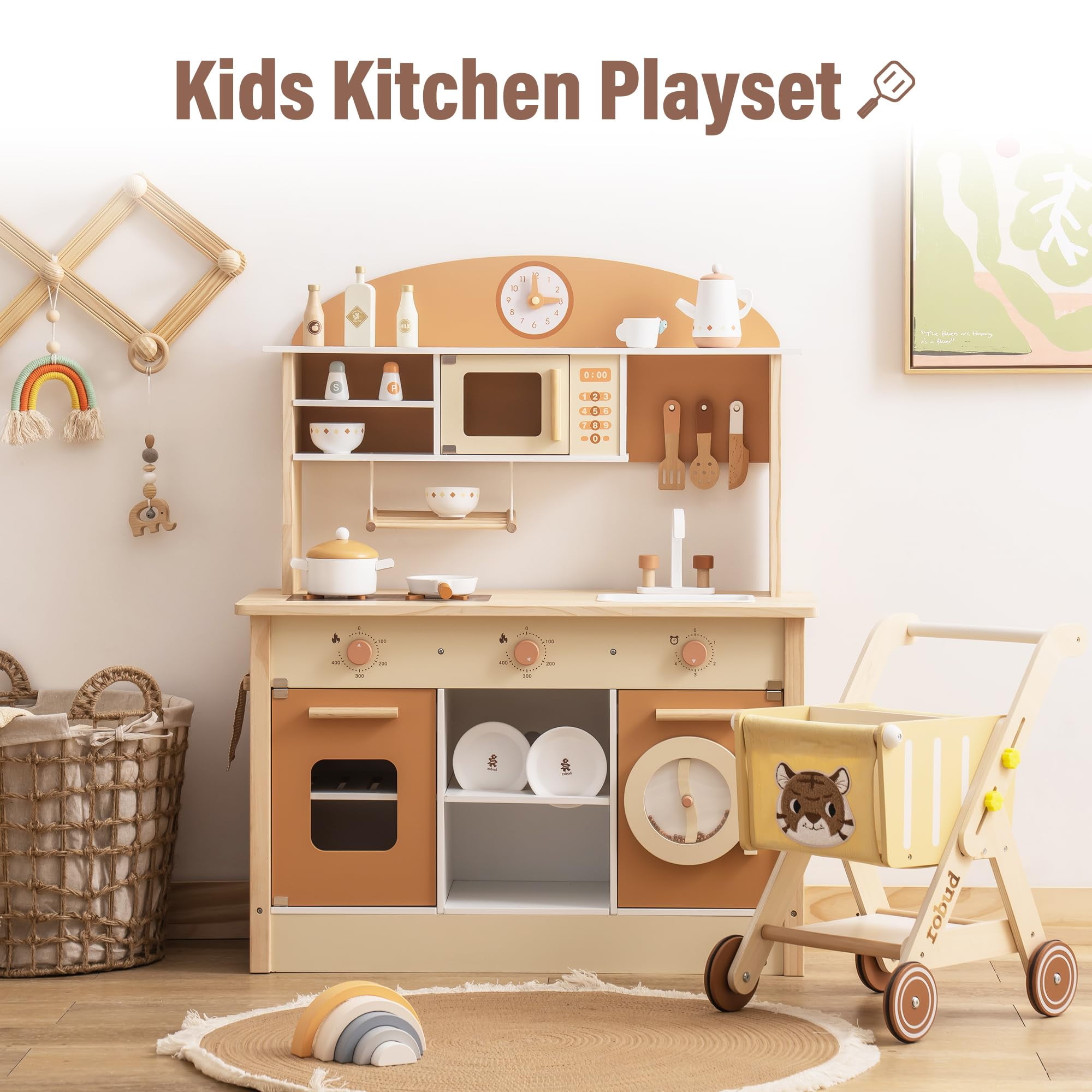 Robud Kids Wooden Kitchen Play Set Pretend Playset Toy with Play Cooker for Kids Boys Girls Age 3+,Caramel
