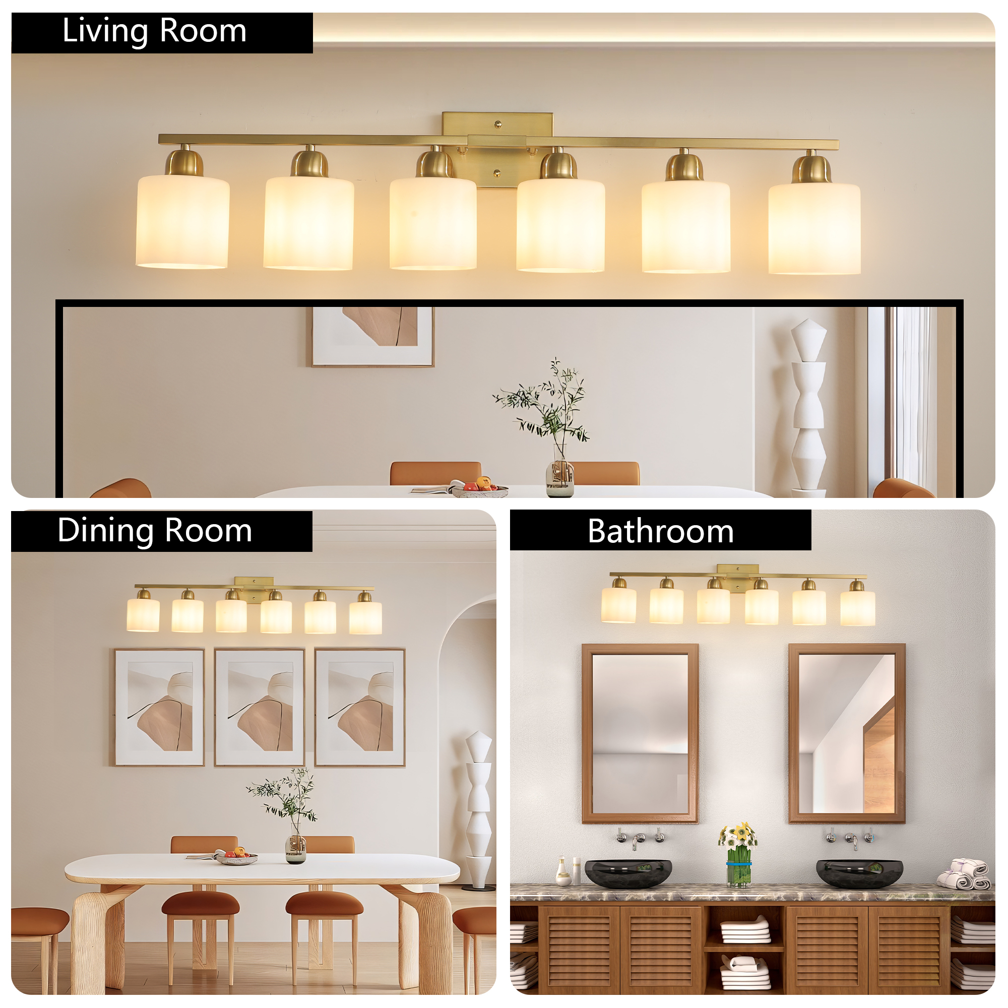 Leumius 6-Light Bathroom Vanity Light Fixture, Modern Vanity Light Over Mirror, Wall Sconces with Milky White Frosted Glass Shades for Mirror, Bathroom, Bedroom and Hallway Gold (No Bulbs)