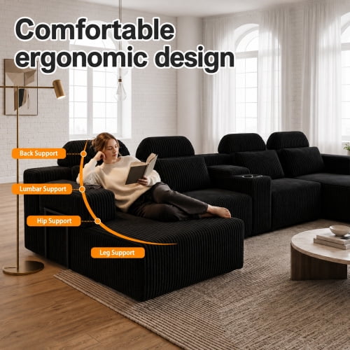 145.7 Inch Oversized U-Shaped Modular Sectional Sofa with Lounge Chaise, Cup Holders & Hidden Storage - Compression Sofa for Home Theater & Luxury Living Room, Black