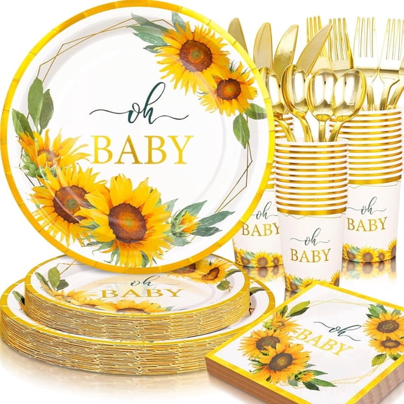 Sunflower Party Decorations, Plates and Cups and Napkins Sets, Yellow Floral Party