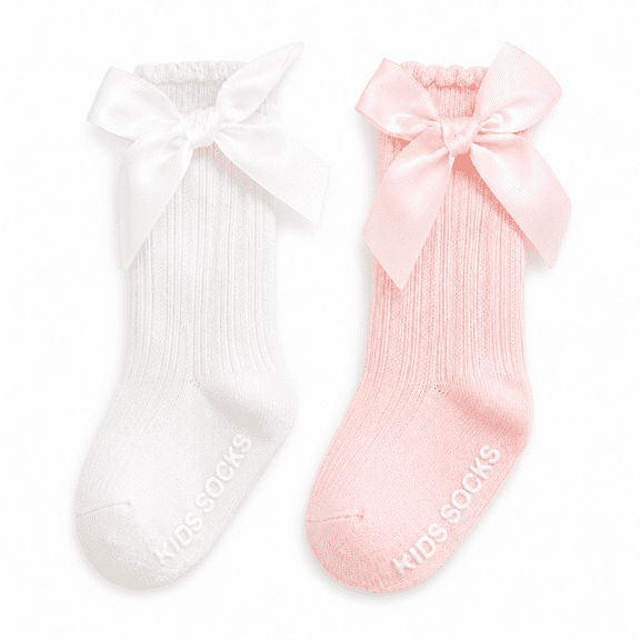 Baby Girls Knee High Socks with Bow Ruffle, Non-Slip Cotton Toddler Stockings, Soft Infant Long Tube Dress Socks for Newborn Girls