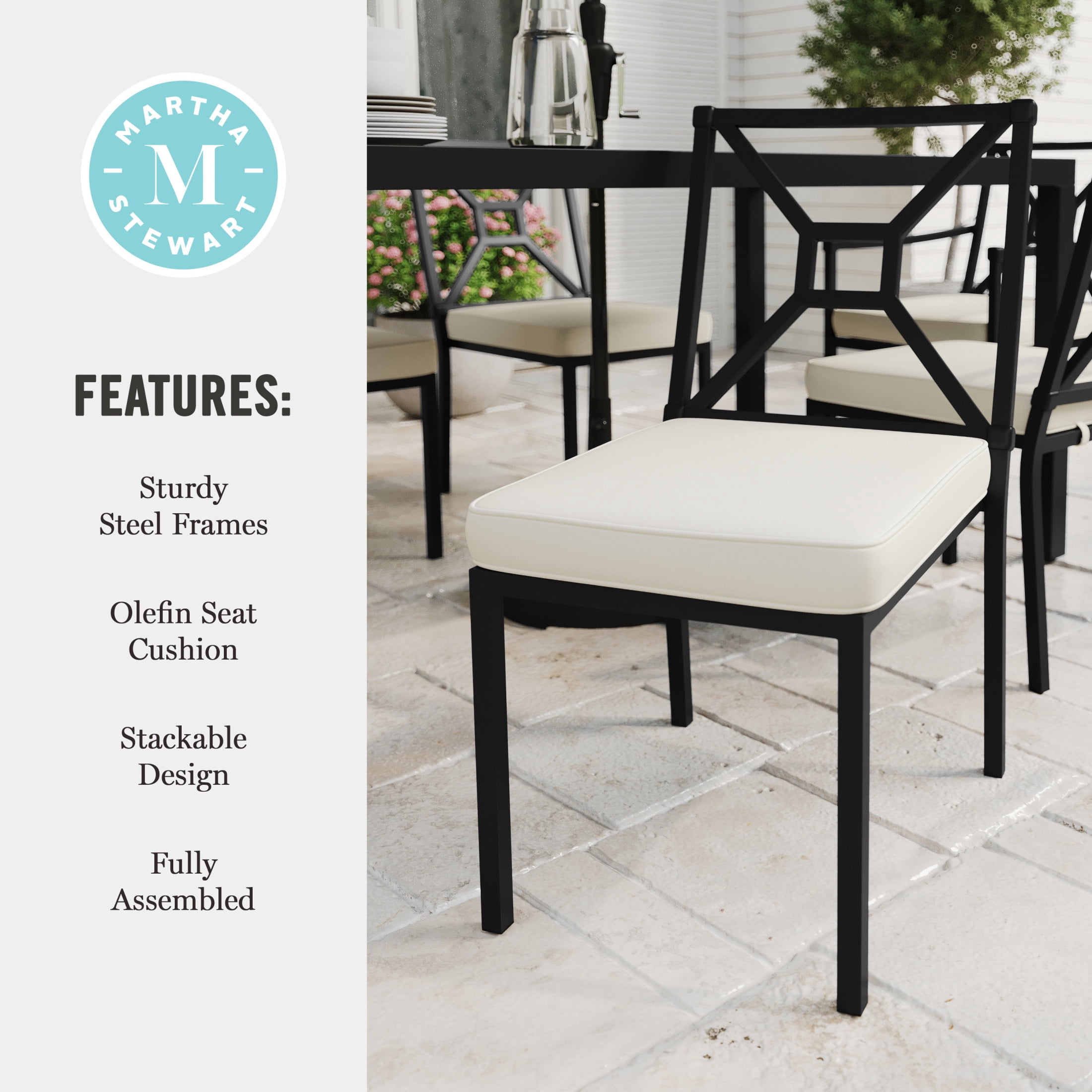 Martha Stewart Indoor-Outdoor Stackable Patio Side Dining Chair with Steel Frame in Black with Cream All-Weather Cushion