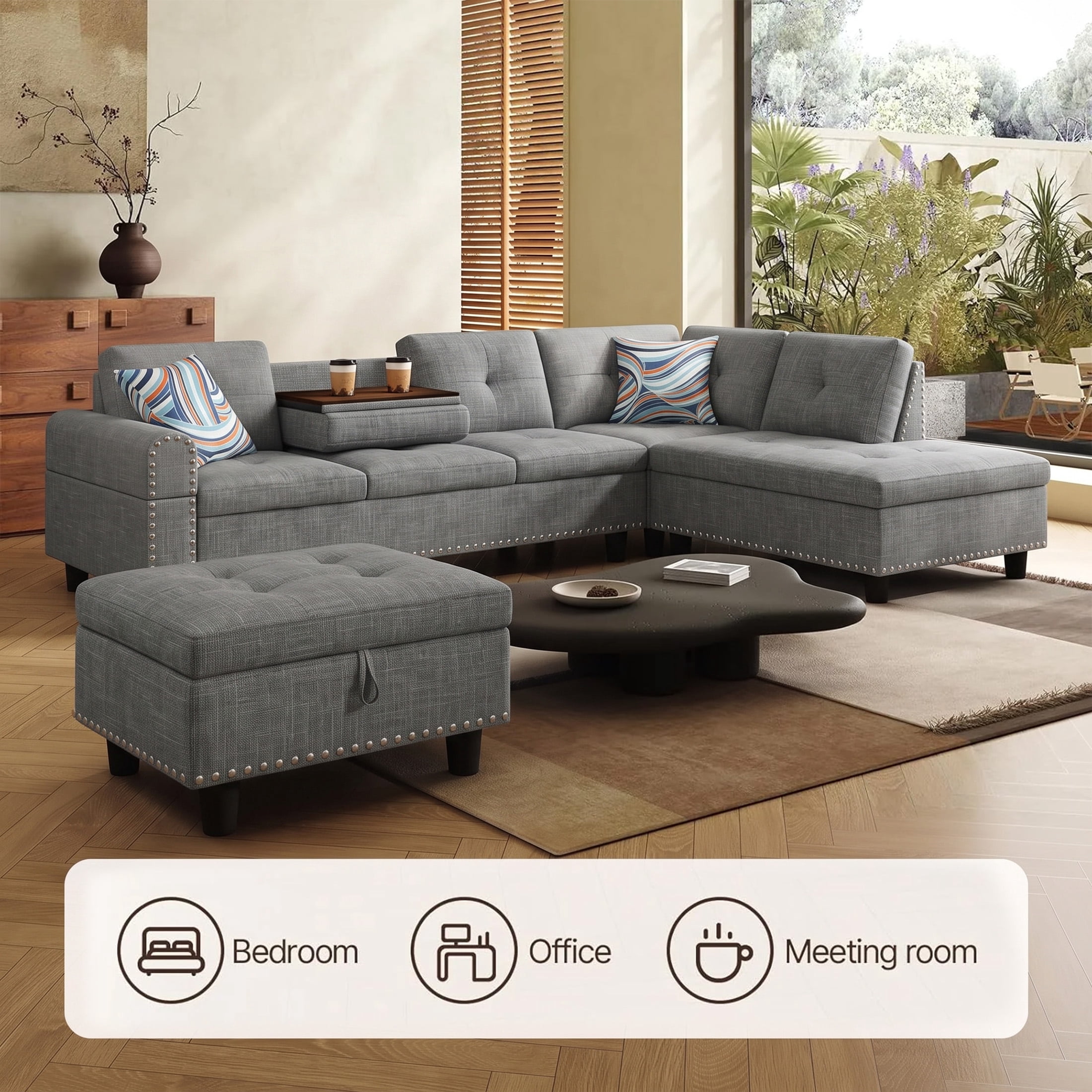 AENKYO 98" L-Shaped Sectional Sofa with Reversible Chaise, Storage Ottoman & Cup Holders, Linen, Gray