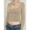 thumbnail image 2 of Cenuakty Women Lace Trim Short T-Shirts U-Neck Long Sleeve Shirts Spring Fall Slim Fit Tops Streetwear, 2 of 5