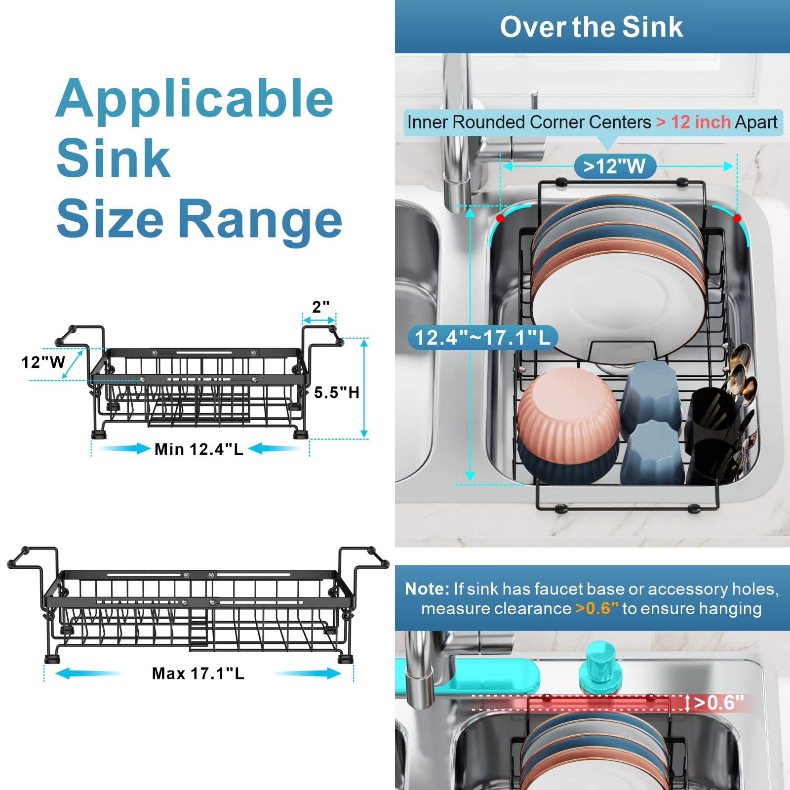 iSPECLE Sink Dish Drying Rack - Expandable Capacity (12.4''-17.1''L) Over Sink Dish Rack, in Sink Dish Drainer for Kitchen Counter with Utensil Holder, Black