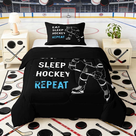 Erosebridal Distressed Hockey Twin Comforter Sets, Sport Bedding Set for Men and Boys, Black Reversible 2pcs, 1 Comforter and 1 Pillowcase