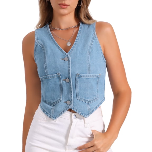 DARING DIVA Women's Denim Vest Sleeveless Button Down Cropped Waistcoat XS Light Blue