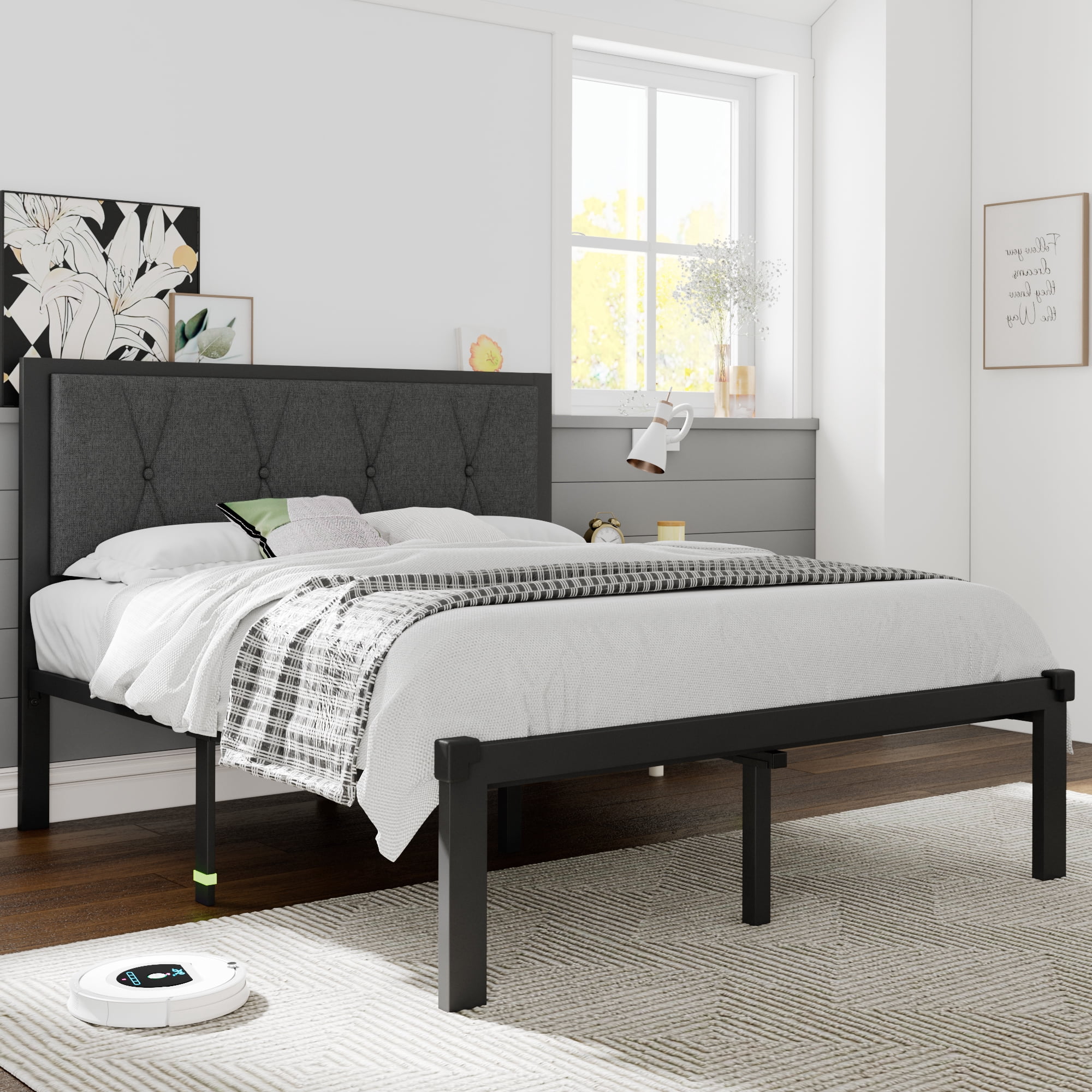 Einhomn Modern Metal Platform Bed Frame with Fabric Upholstered Headboard 12" Underbed Storage, Full Size