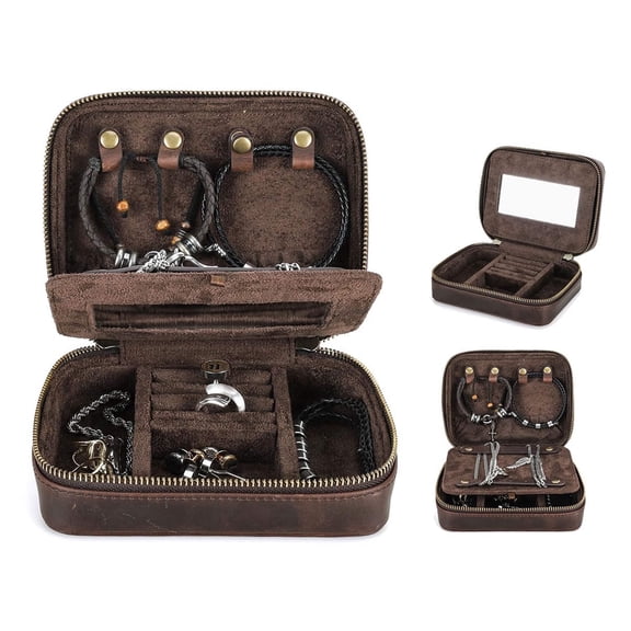 Hiram Genuine Leather Jewelry Box for Men, Rectangular Zipper  Travel Jewelry  Storage Case with Mirror,Valentine Gift, Coffee