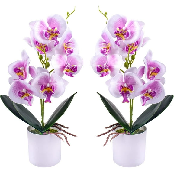 Artificial Orchid Flowers, 2 Pieces Potted Fake Orchids with Plastic Vase for Table Centerpiece Home Decor Office Wedding Party Decoration