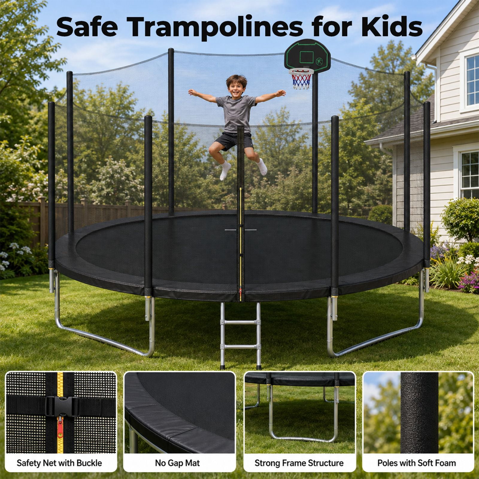 Alvantor 14Ft Trampoline for Kids, Round Trampoline with Enclosure Net and Basketball Hoop Black