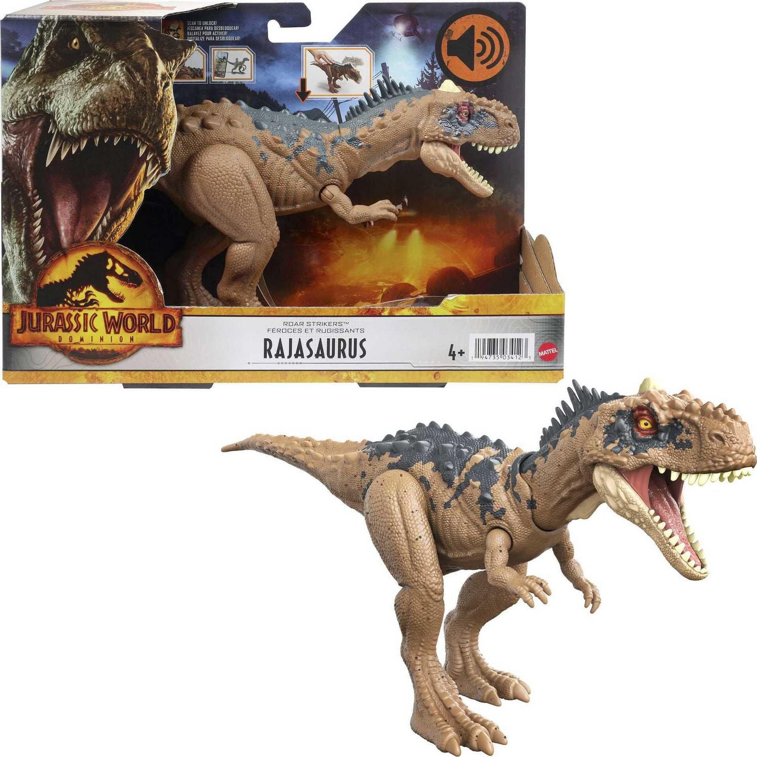​Jurassic World Dominion Roar Strikers Rajasaurus Dinosaur Action Figure with Roaring Sound and Attack Action, Toy Gift Physical & Digital Play
