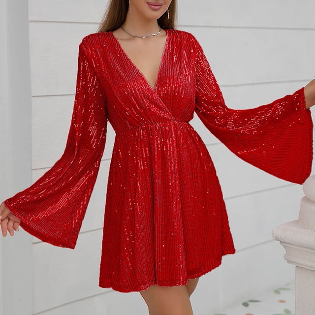 Pisexur Robe à Manches Longues à Col en V Mode Femmes Décontractée Ample Robes à Col en V Unie Robe Confortable à Manches Longues Robe pour Femmes