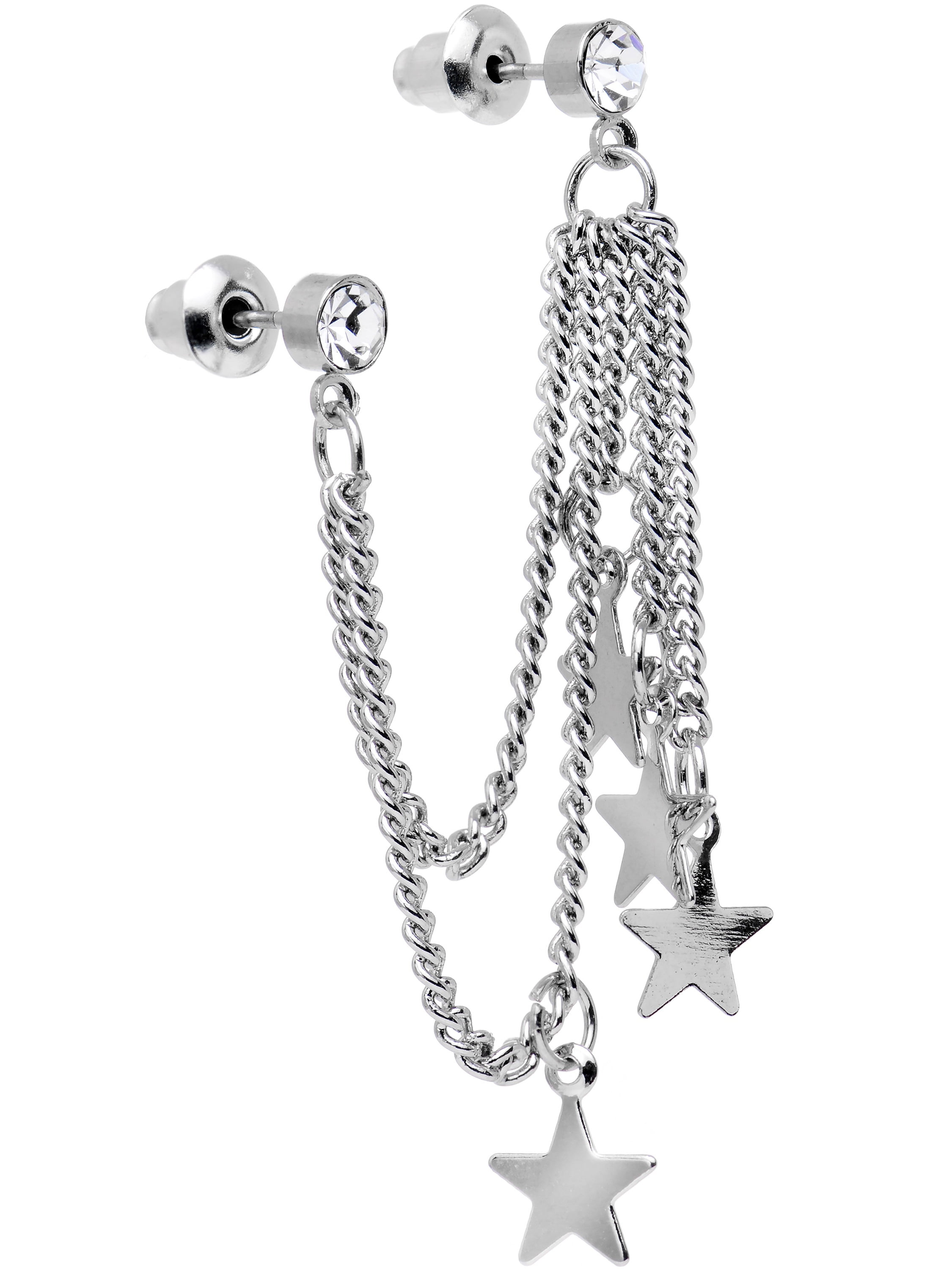 Star Diamond Chain Ear Cartilage Barbell Ring Bar Double Stud Piercing Earring 