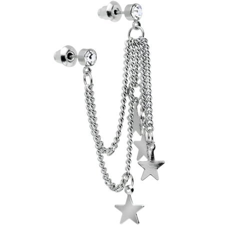 Clear Four Star Double Chain Ear to Cartilage Stud (Best Place To Get Ear Cartilage Pierced)