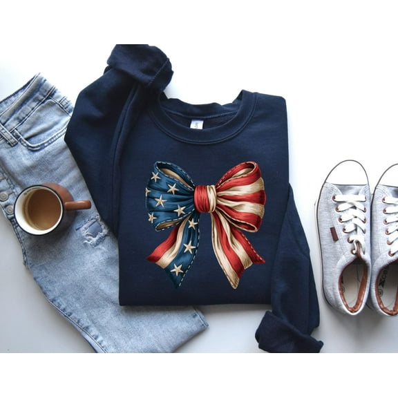 Velto 4th Of July Sweatshirt, Coquette America Flag Sweatshirt, USA Bow Sweatshirt, America Sweatshirt, Women's Patriotic Sweatshirt, USA Sweater All Size S-5XL