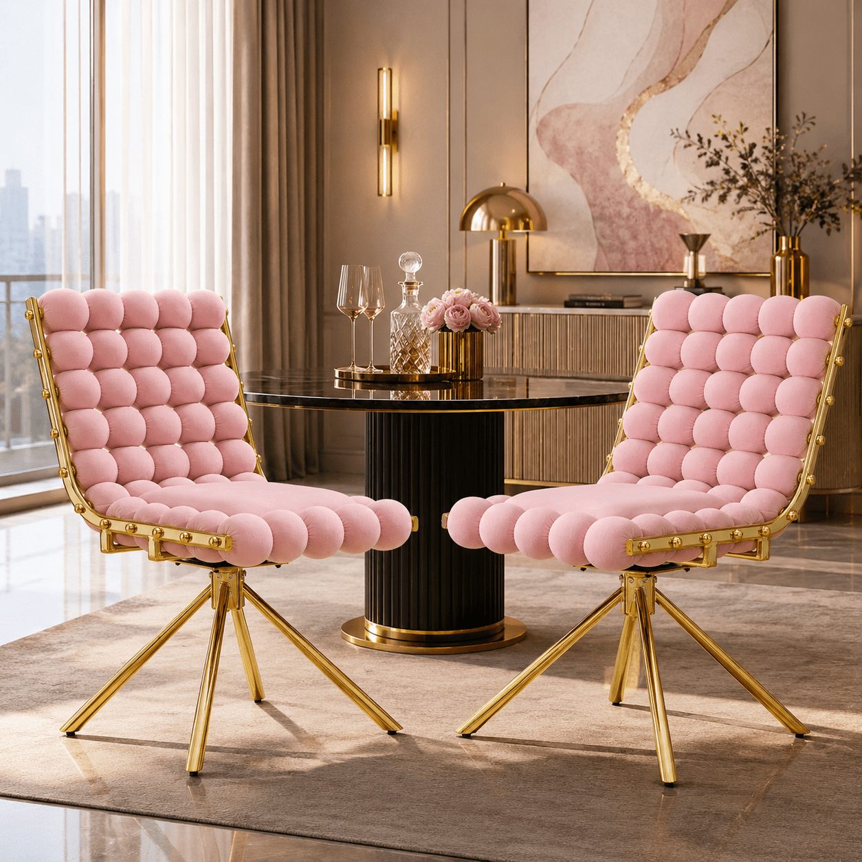 Aukfa Velvet Swivel Dining Chairs Set of 2, Modern Bubble Tufted Kitchen Side Chairs, Gold Metal Legs,Pink