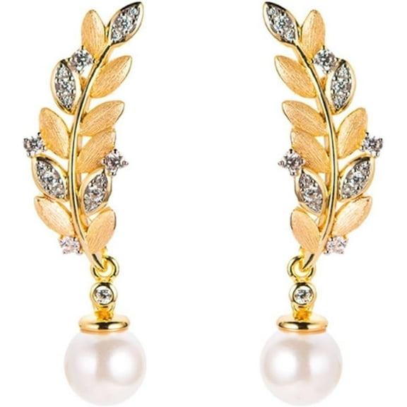 Ear of Wheat Shaped Removable Pearl Earrings for Women 925 Sterling Silver CZ Gold Dangle Earrings for Women