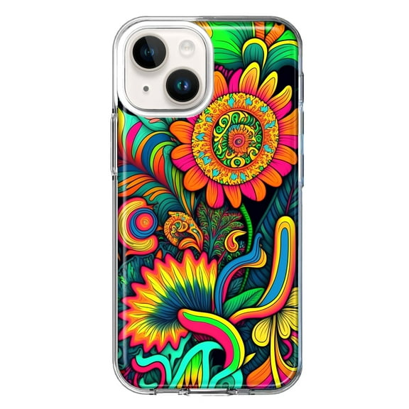 MUNDAZE Case for Apple iPhone 15 Hybrid Shockproof Slim Hard Soft TPU Shell Heavy Duty Protective Phone Cover - Neon Rainbow Psychedelic Indie Hippie Sunflowers