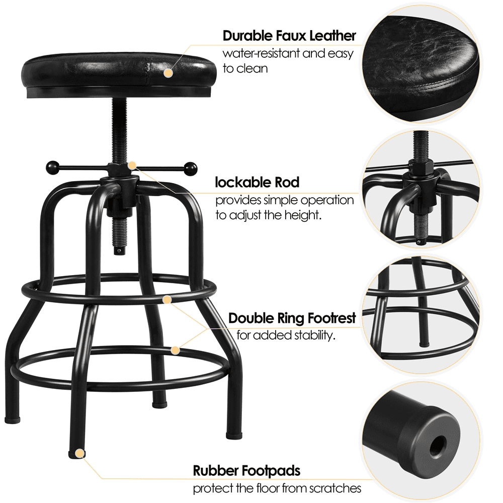 Alden Design Vintage Faux Leather Counter-Height Bar Stool with Metal Legs for Kitchen Restaurant, Black