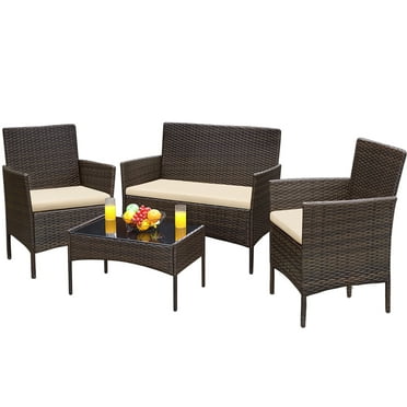 Lacoo 5 Pieces Patio Sectional Set Pe Rattan Outdoor All Weather Wicker Conversation With Table Beige Com - Evre Rattan Outdoor Garden Madrid Furniture Set Conservatory Patio Lounge
