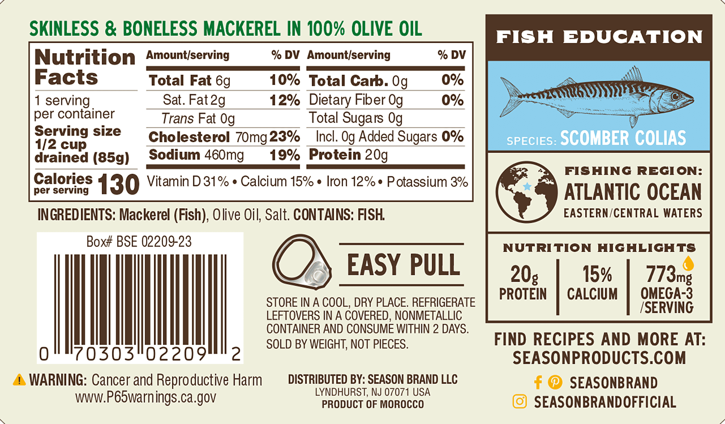 (6 pack) Season Mackerel in Olive Oil, Salt Added, 4.375 oz Can