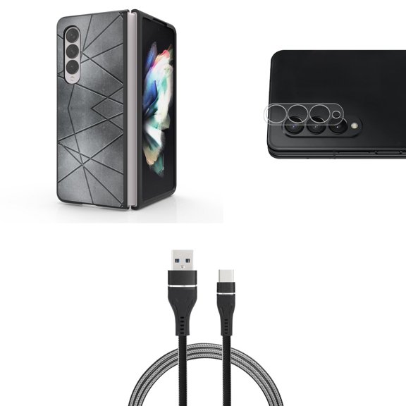 Accessory Bundle for Galaxy Z Fold 4: Slim Snap-On Case (Abstract Grey), Rear Camera Glass Protector, Nylon Braided USB-C to USB-A Cable (3 Feet)