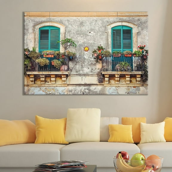 wall26 Canvas Wall Art of Aqua French Door Balcony Garden Italy | 12" x 18"