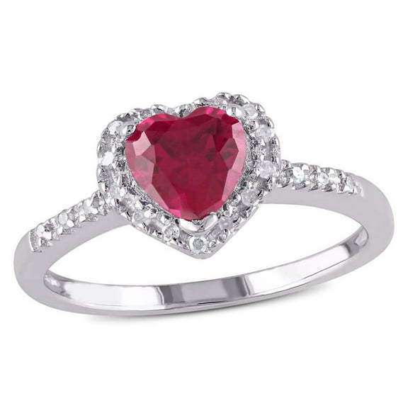 AMOUR 1/10 CT TW Diamond and Created Ruby Heart Halo Ring In Sterling Silver