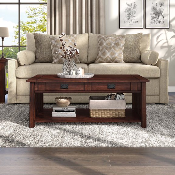 Clairemont Hidden Lift Shelf Solid Wood Coffee Table, Dark Oak