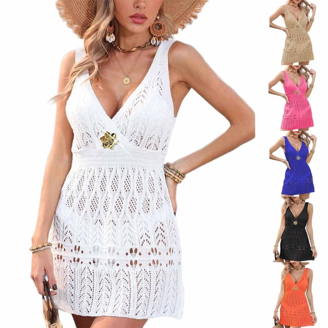 Sentmoon Robe de Plage Cache-Maillot Cache-Maillots pour Femmes Été 2026 Couleur Unie Patchwork Respirant Coupe Régulière Bretelles Spaghetti Robes de Plage pour Détente et Détente