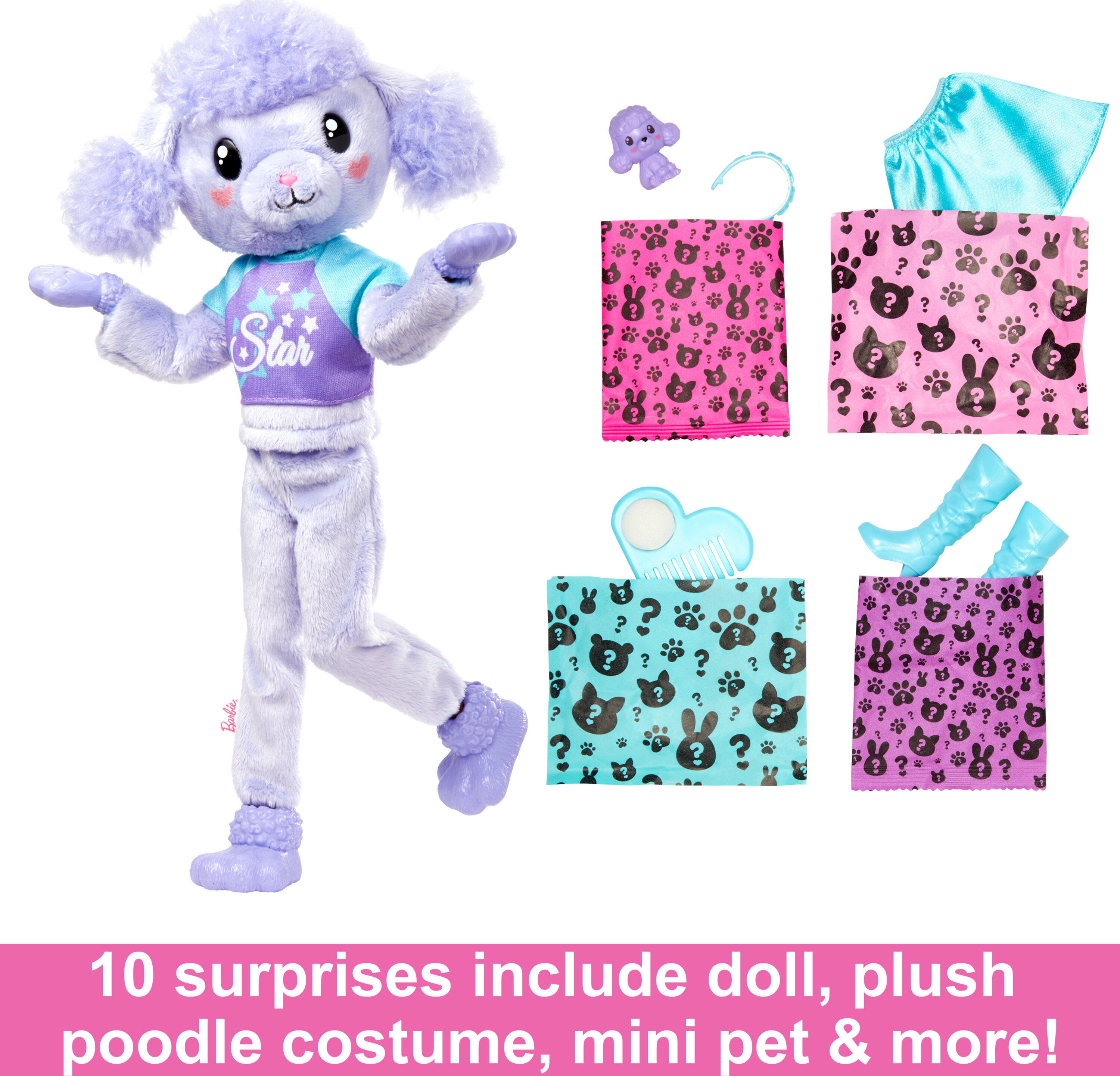 Barbie Cutie Reveal Doll & Accessories, Cozy Cute Tees Poodle, “Star” Tee, Blue & Purple Streaked Hair, Brown Eyes