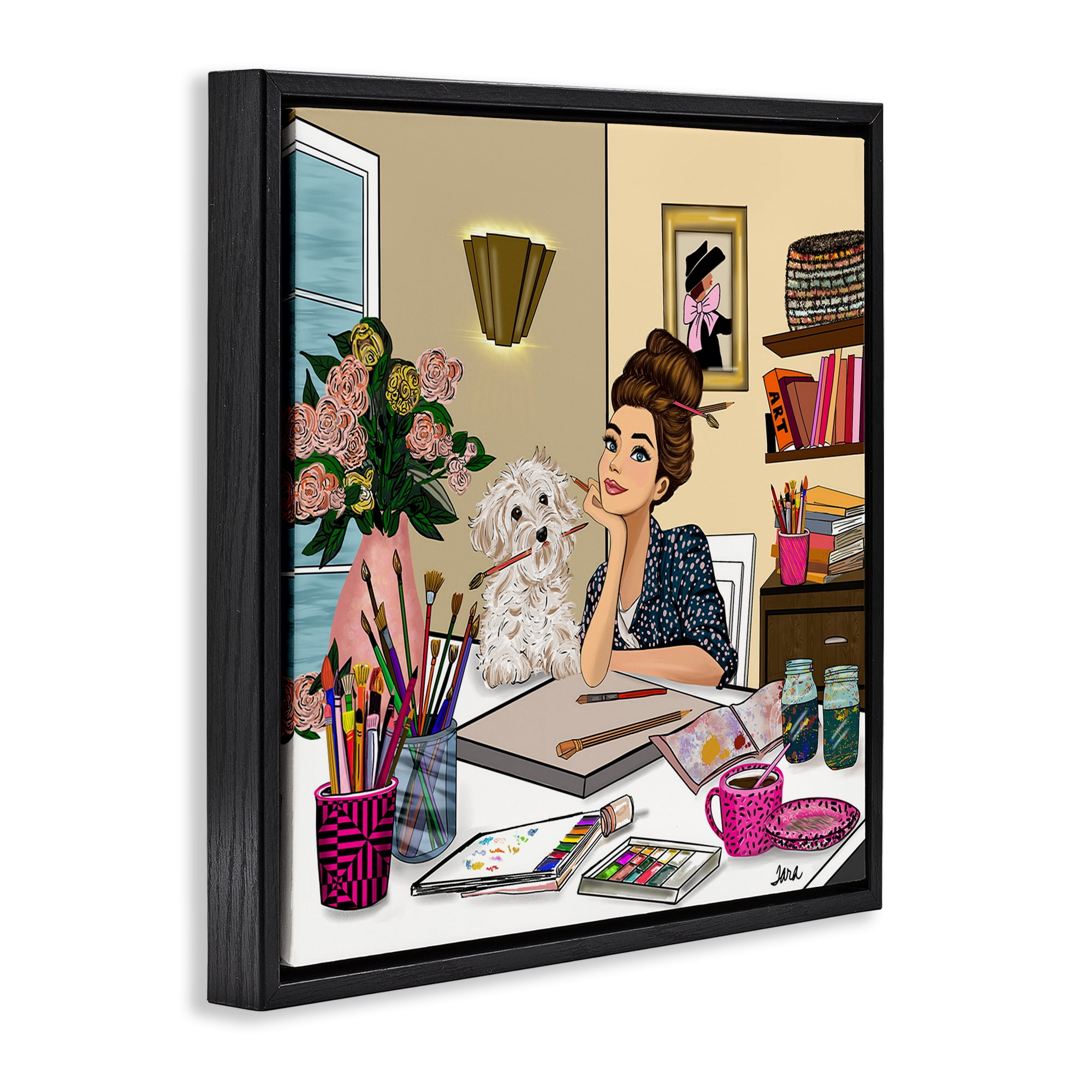 Stupell Industries Creative Art Girl at Desk Black Framed Floater Canvas Wall Art, design by Tara Boone