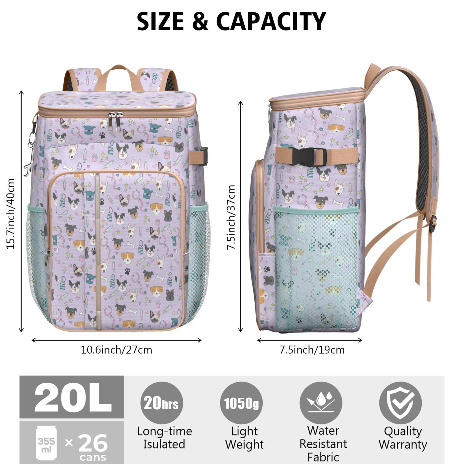 Travel Cooler Bag - Dog with Medical Icons Camping Beer Cooler Backpack with Bottle Opener- Waterproof Insulated Picnic Backpacks - Cooler Bag for Beach