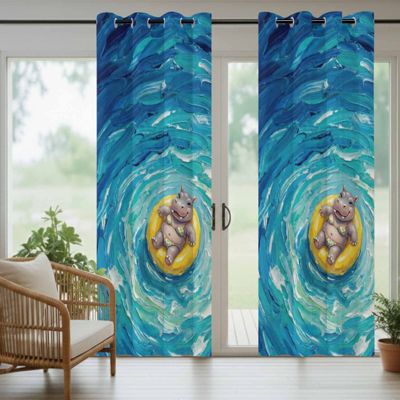 Funny Art Outdoor Curtains for Patio, Summer Hippocampus Swimming Blue Sea View Oil Painting Sunshade Privacy Drapes Grommet Waterproof Outside Curtains for Porch/Cabana/Balcony 54"x 108", 1 Panel