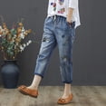 thumbnail image 3 of Pantalones vaqueros de mujer de primavera y otoño con bordado artístico roto, pantalones capri de mujer con cintura alta elástica, pantalones vaqueros holgados de talla grande para mujer, 3 of 6
