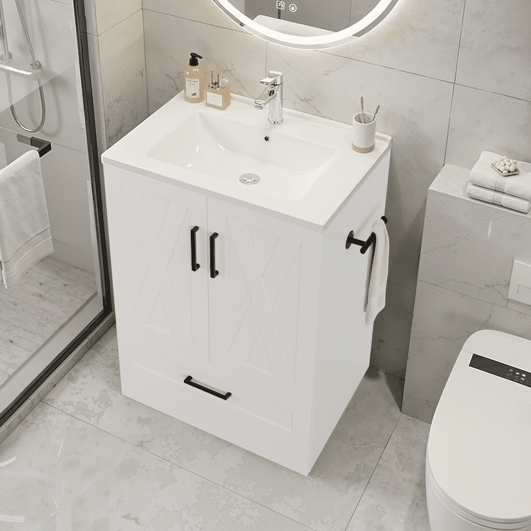 Lacoo 24" Bathroom Vanity with Sink Basin, Farmhouse Bathroom Storage Vanity Cabinet with 2 Doors & 1 Drawer, Freestanding Bathroom Cabinet with Washbasin, White