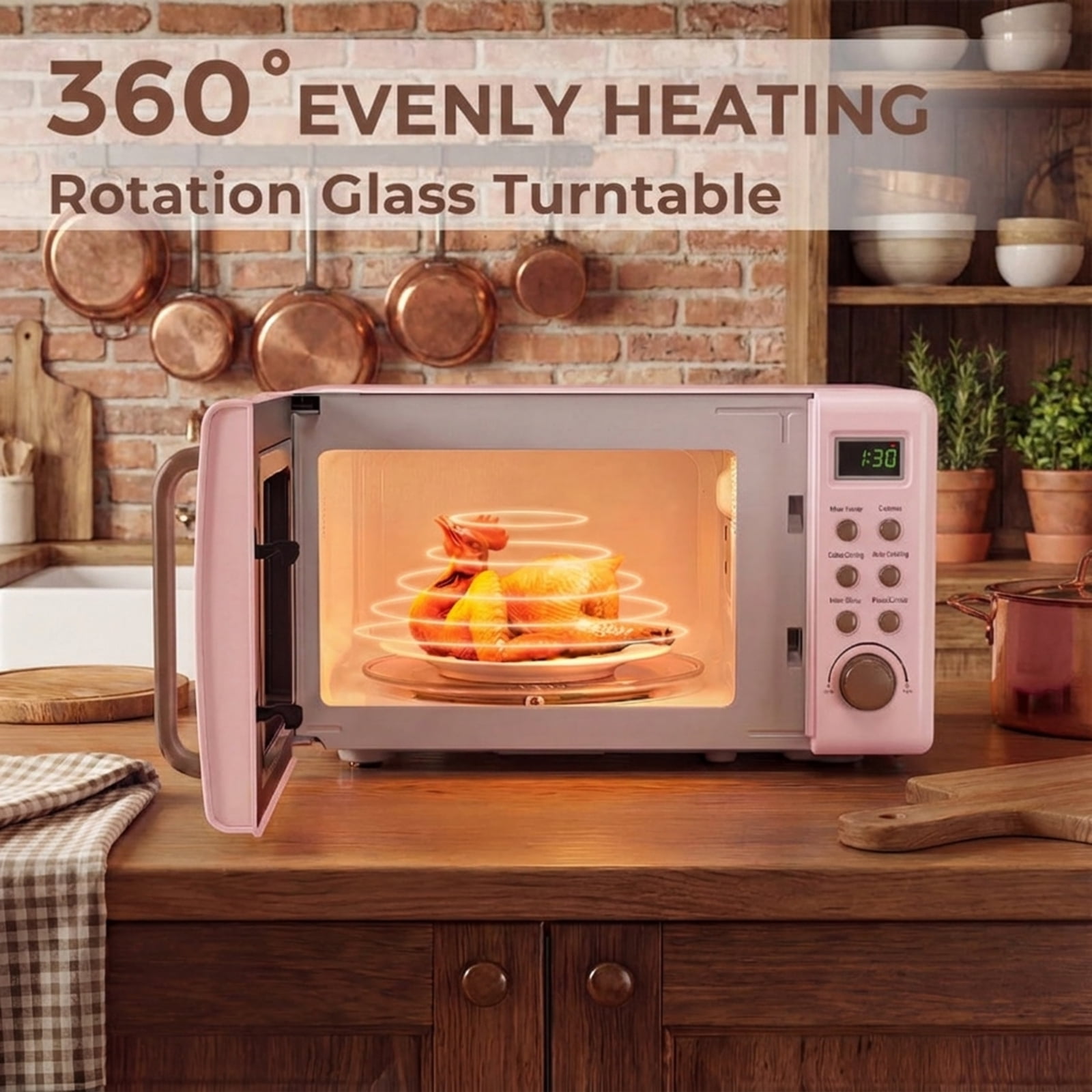 RUIE 700W Retro Countertop Microwave Oven 0.7 Cu.Ft with 5 Power Levels & 8 Auto Menus, Small Retro Microwave Oven with Child Lock for Home Dorm Apartment, Pink