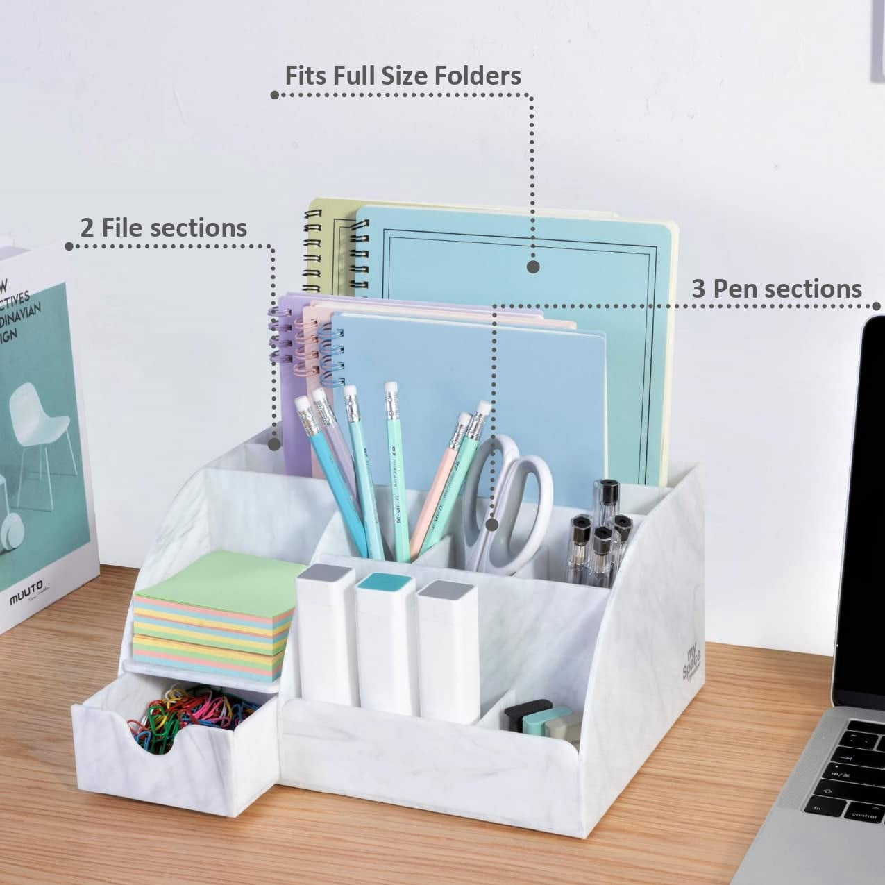 Marble Desk Organizer For Office Supplies And Accessories - 9 Sections Pencil Pen Holder Storage Desktop Organization Decor (white Grey Marble)