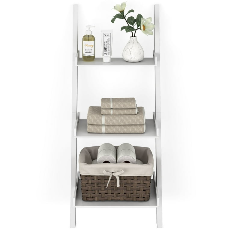 Ballucci 3-Tier Storage Ladder Shelf Bookcase, Wood Leaning Ladder Bookshelf, White