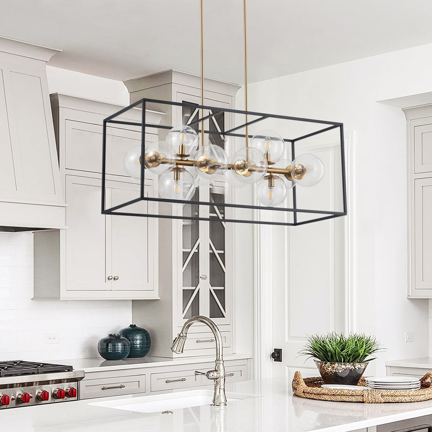 Industrial 12-Light chandelier, Black and Gold caged Lantern Light Fixture, Rustic Kitchen Island Pendant Lighting