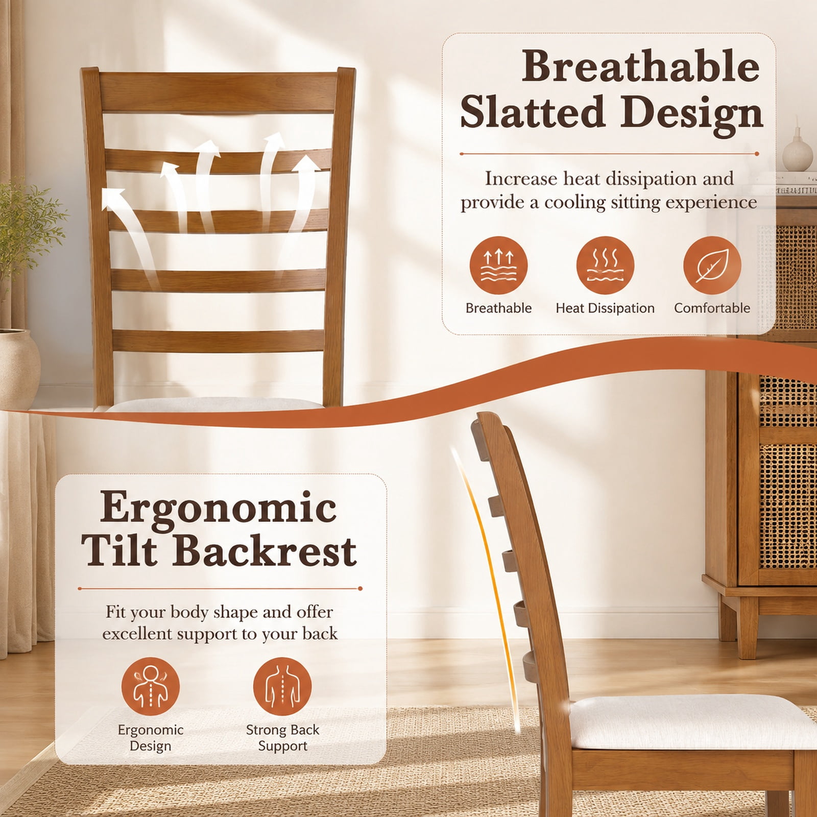 Furnibear Modern Wooden Dining Chairs Set of 2 Upholstered Kitchen Chair with Rubber Wood Frame and Padded Fabric Seat, Beige