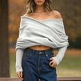 thumbnail image 2 of Towmus Women’s Fall Fashion Long Sleeve Off Shoulder V Neck Pullover Tops Asymmetric Hem Knit Cropped Sweater ,Grey ,M, 2 of 5
