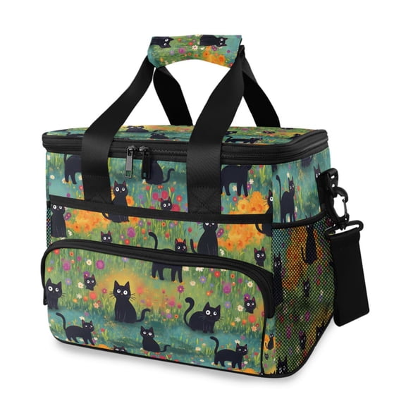 FORMRS Insulated Cooler Bag 24 Cans Capacity Soft Leakproof Lunch Box with Side Pockets, Floral Black Cats Pattern