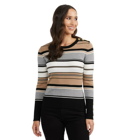 Women's Ellen Tracy Crewneck Button Shoulder Rib Sweater Color: Black Multi Stripe Size: SMALL
