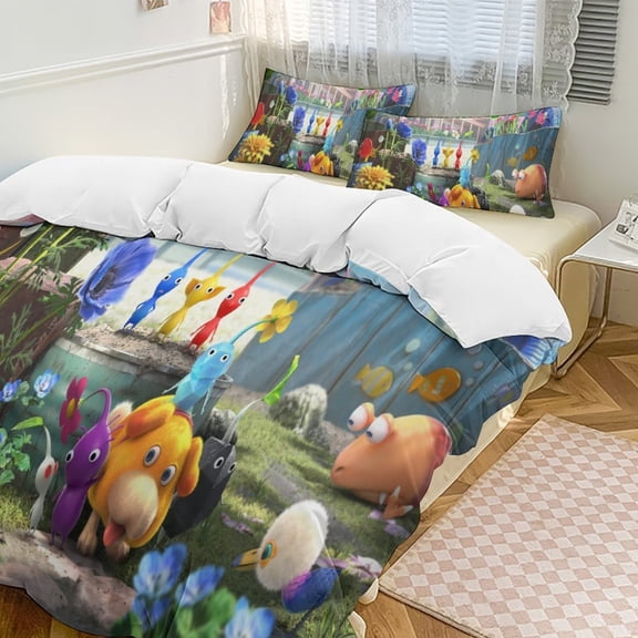 Pikmin 3 Piece Comforter Bedding 1 Set Super Soft Quilt Cover with 2 Pillowcases Funny Merch Movie Fans Gifts for Girls Boys Kids Adults 86"×70"